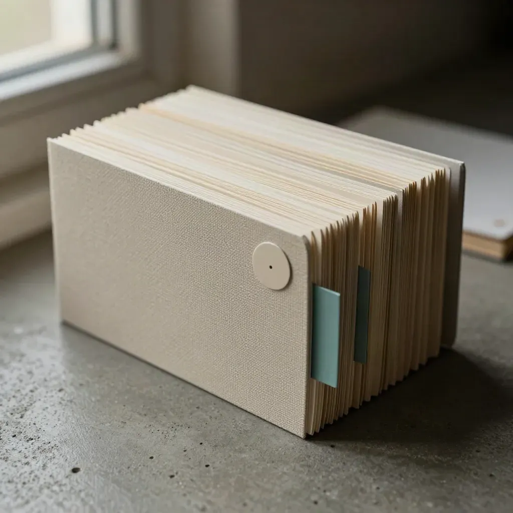 Fanned feedback cards, linen divider and seal disc on brushed concrete
