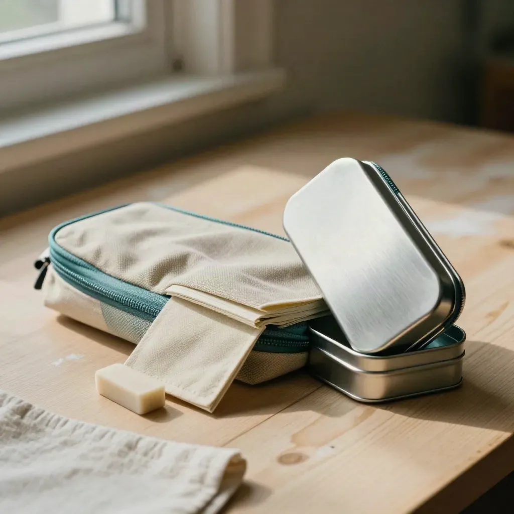 School kit essentials stepping out of an unzipped teal case on pale wood