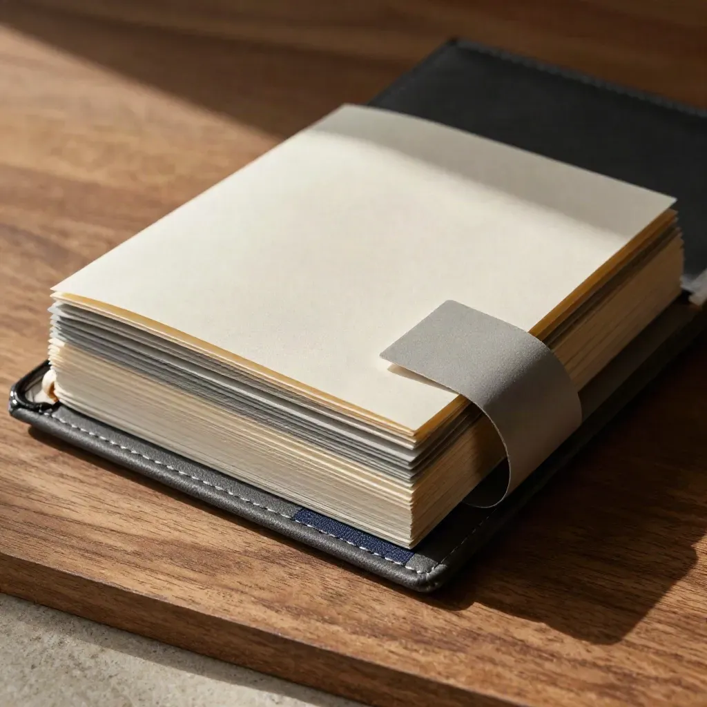 Macro flat lay of a price log binder with fanned dividers and a graphite sleeve.