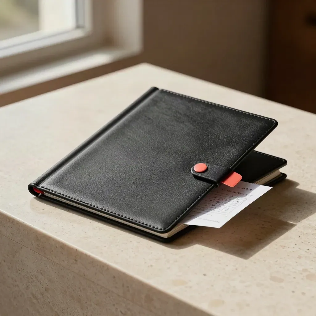 Open Black Friday tracker folio with red tab, alert sleeve and countdown card on travertine.