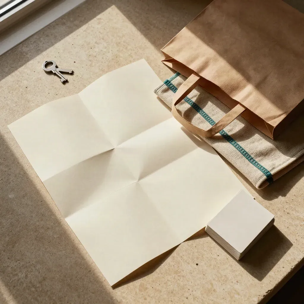 Overhead flatlay of a foldout deal map, grocery bag, linen pouch and card stack on warm stone.