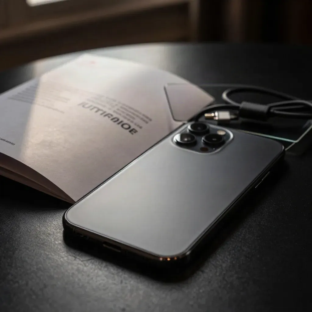 Slim booklet, phone-shaped slab, cable loop and glass card on a dark studio surface.
