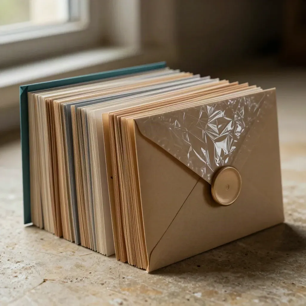 Macro of tabbed cards, wax-paper envelope and seal disc on limestone.